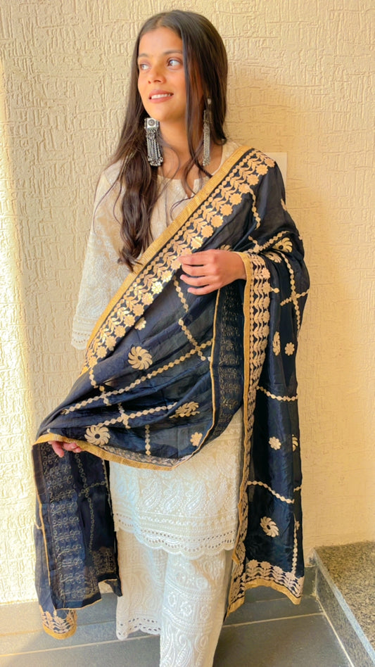 Black Silk Blend Dupatta with Gotta Patti Work - BirthdaySALE